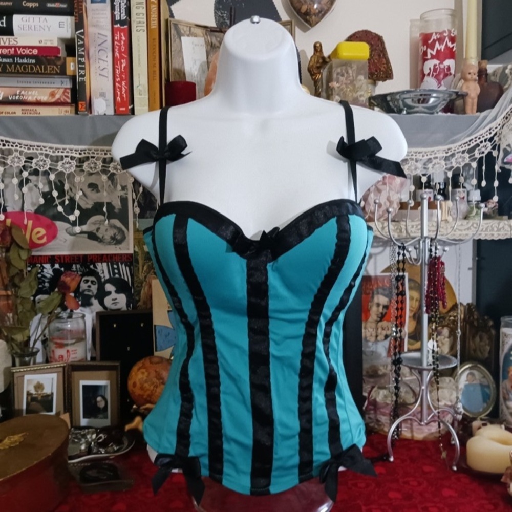 Morbid Threads teal blue and black striped corset top 34b